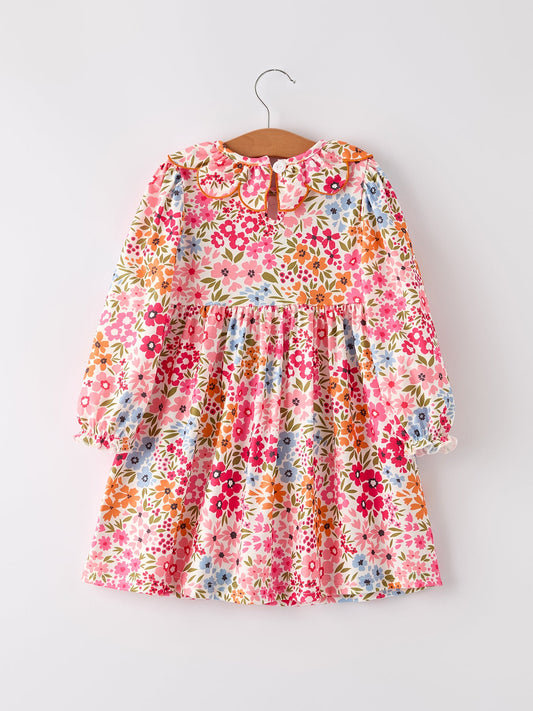 Fall Halloween & Thanksgiving Pumpkin Bow Smock Embroidered Floral Dress