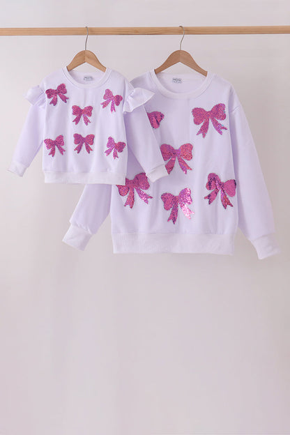White bow sequin mom&me sweatshirt