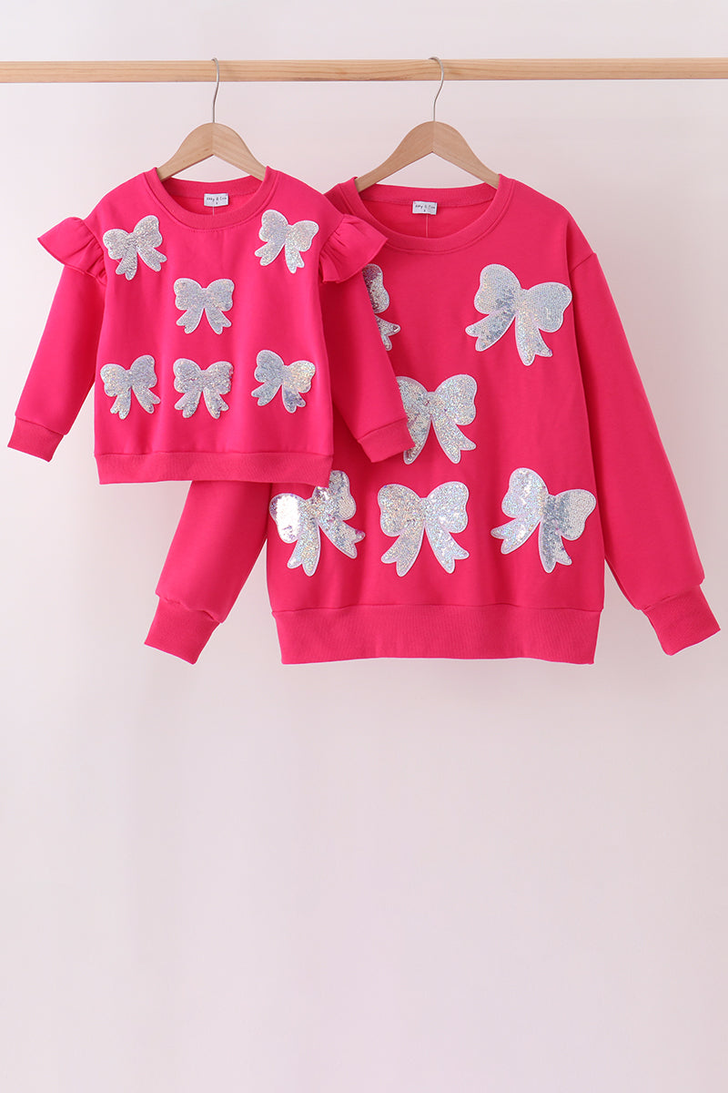 Magenta bow sequin mom&me sweatshirt