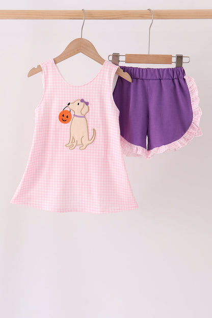 Pink Puppy Pumpkin Applique Ruffle Shorts Set