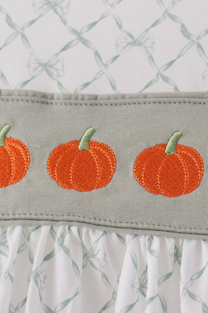 Sage pumpkin embroidery bow ruffle bloomer set