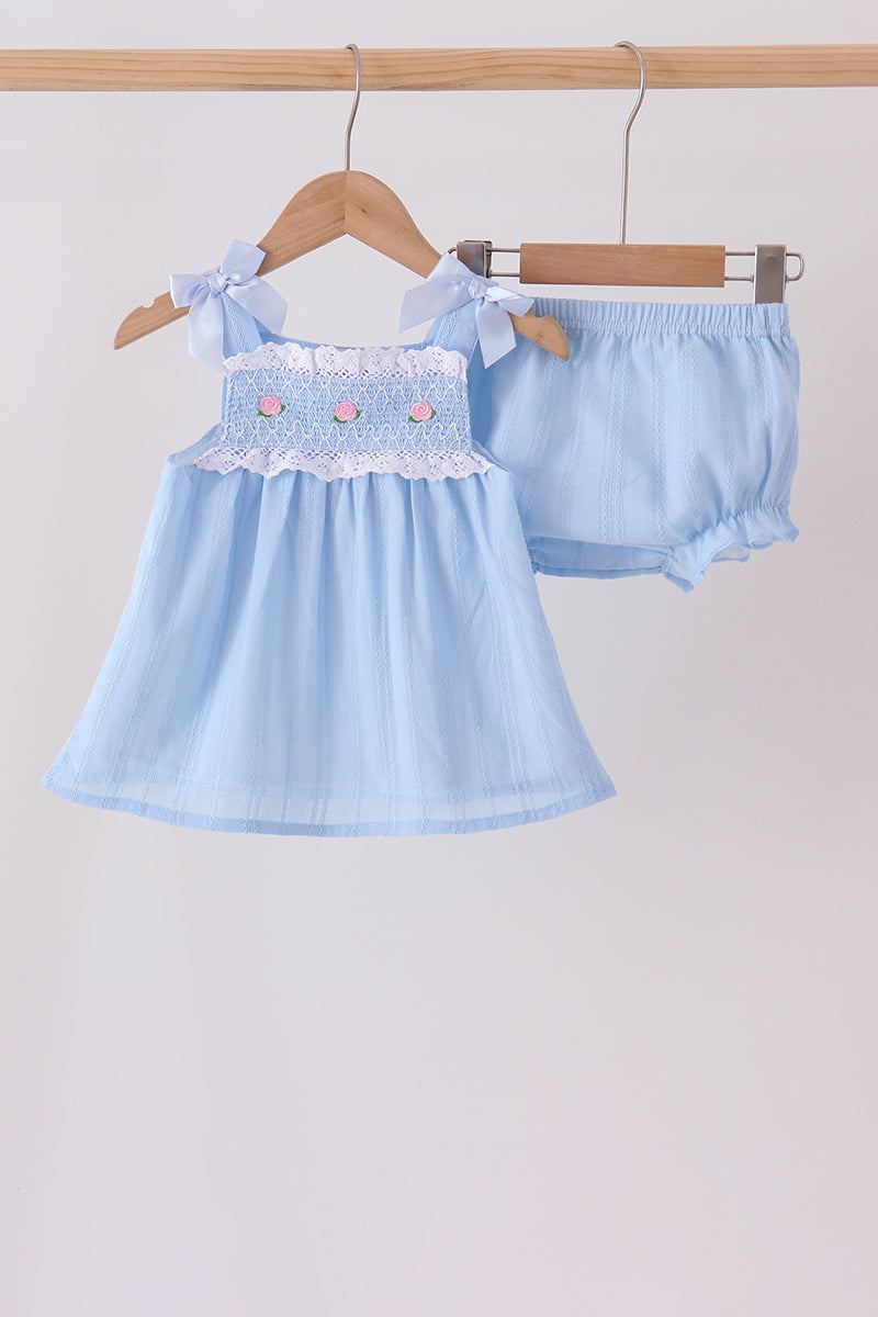 Blue Floral Smocked Lace Bloomer Set