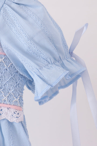Blue Floral Smocked Lace Bubble