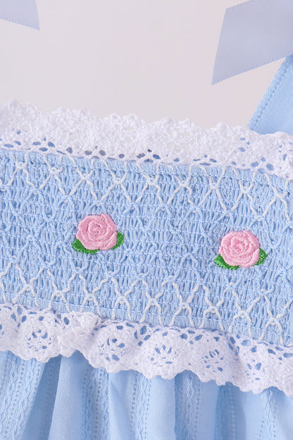 Blue Floral Smocked Lace Ruffle Pants Set