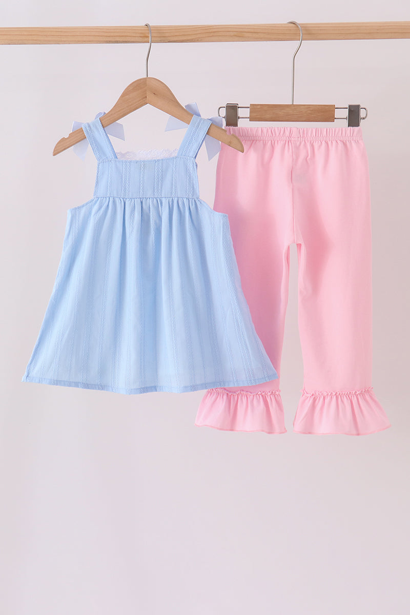 Blue Floral Smocked Lace Ruffle Pants Set