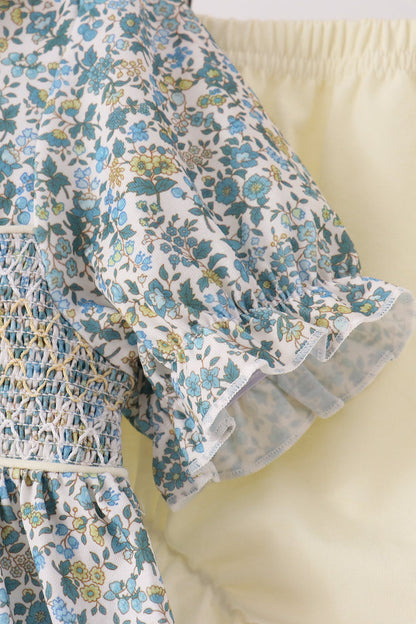 Sage Floral Smocked Ruffle Bloomer Set