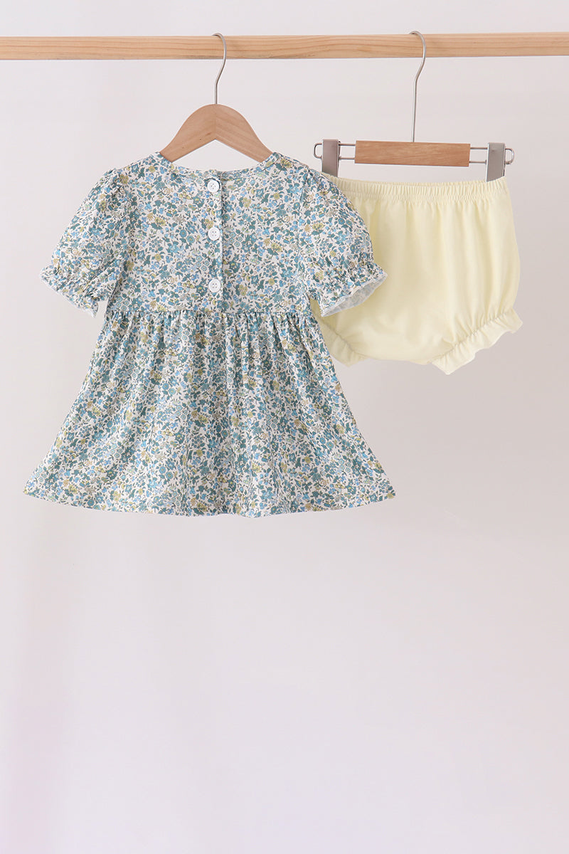Sage Floral Smocked Ruffle Bloomer Set