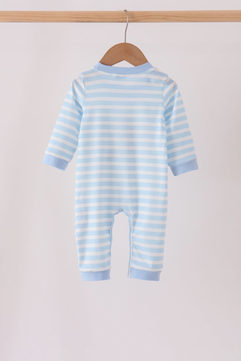 Blue Football Embroidery Stripe Romper