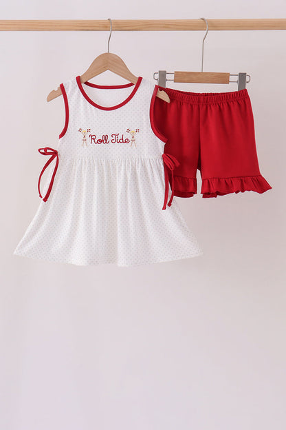 Red Alabama Roll Tide Embroidery Ruffle Shorts Set