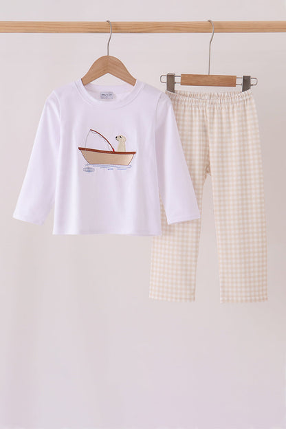 Khaki Puppy Fishing Embroidery Pants Set