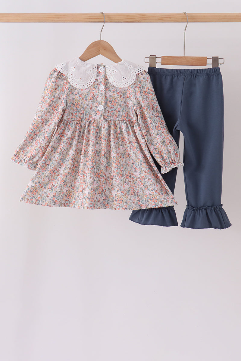 Floral smocked lace ruffle pants set