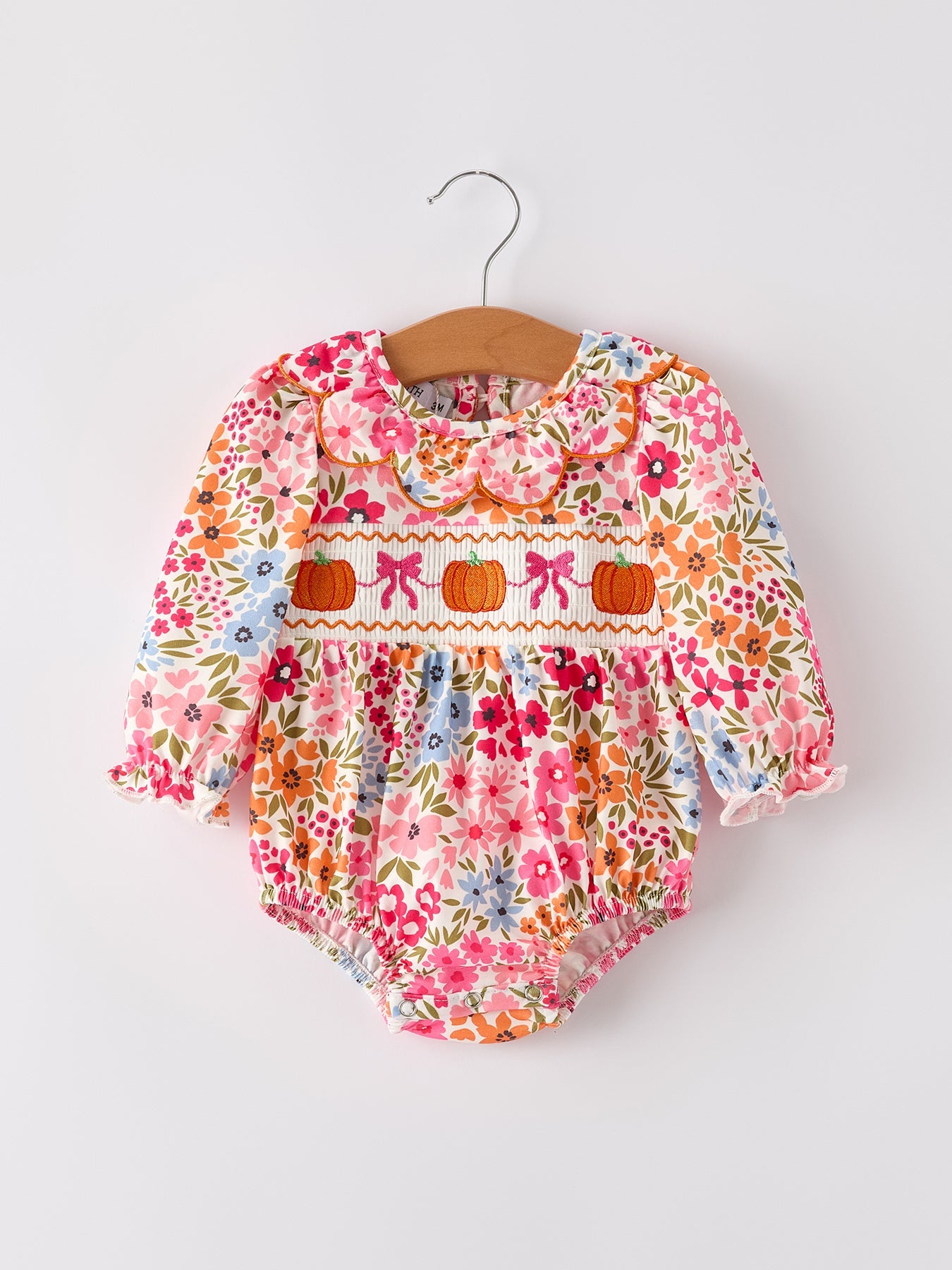Fall Halloween & Thanksgiving Pumpkin Bow Smock Embroidered Floral Baby Girl Romper