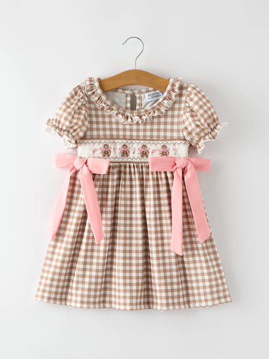 Christmas Vintage-Style Plaid Dress with Embroidered Gingerbread and Bows