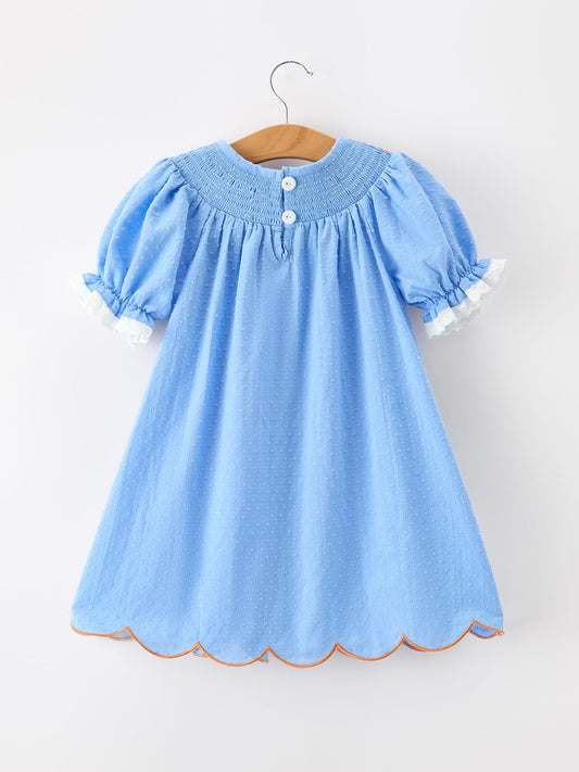 Blue Fall Thanksgiving&Halloween Pumpkin Smock Embroidery Lace Baby Girl Dress