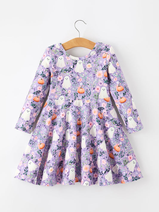 Halloween Ghost Pumpkin Girls Long Sleeve Twirl Dress