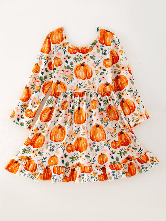 Girls FALL Pumpkin Print Long Sleeve Dress