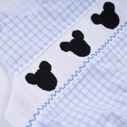 Blue character hand smocked gingham bubble