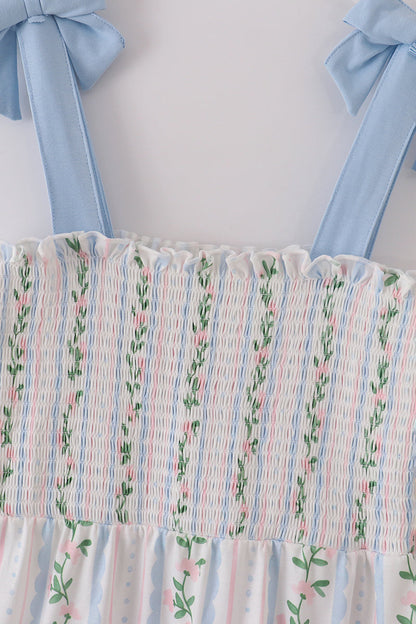 Blue floral print smocked women dress