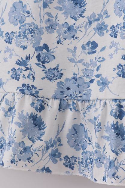 Blue smocked floral print mom dress