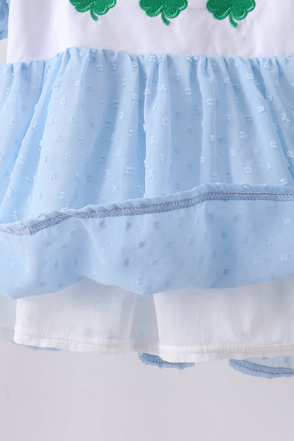 Blue clover embroidery swiss dot shorts set