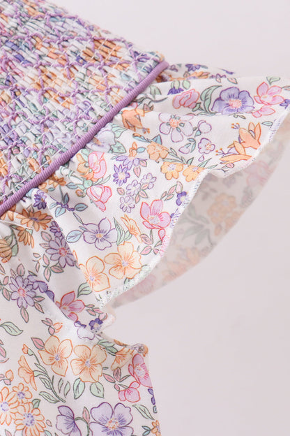 Purple Floral Smocked Ruffle Bubble