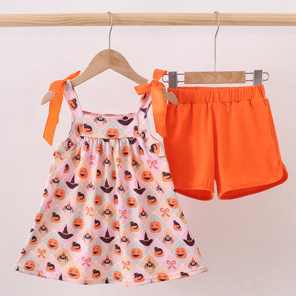 Pumpkin spider bow shorts set