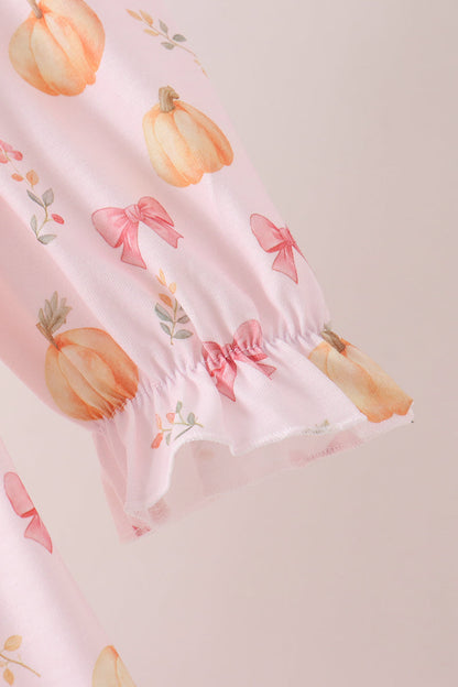 Pink pumpkin bow embroidery ruffle dress