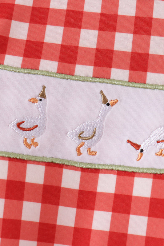 Red goose embroidery gingham romper