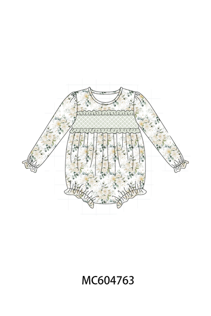 Sage floral smocked ruffle bubble