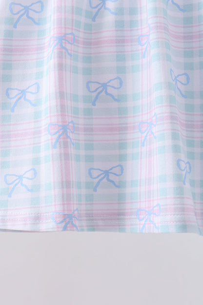 Blue plaid bow floral pants set